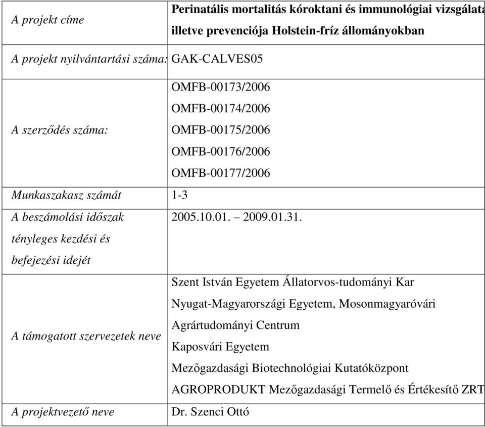 tényleges kezdési és befejezési idejét Szent István Egyetem Állatorvos-tudományi Kar Nyugat-Magyarországi Egyetem, Mosonmagyaróvári Agrártudományi Centrum A támogatott