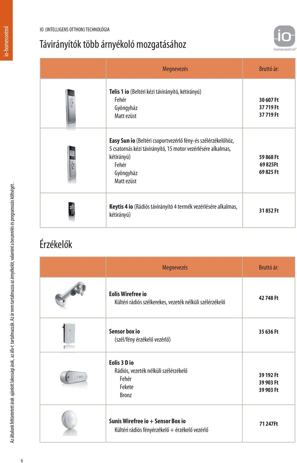 távirányító 4 termék vezérlésére alkalmas, kétirányú) Eolis Wirefree io Kültéri rádiós szélkerekes, vezeték nélküli szélérzékelő Sensor box io (szél/fény érzékelő vezérlő) Eolis 3 D io Rádiós,