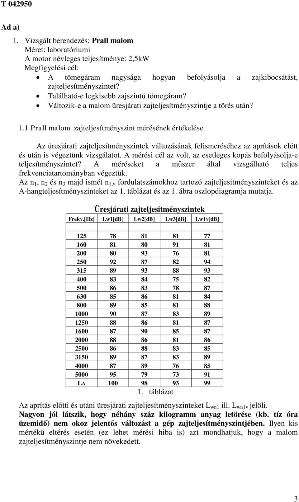 Található-e legkisebb zajszintű tömegáram? Változik-e a malom i zajteljesítményszintje a törés után? 1.