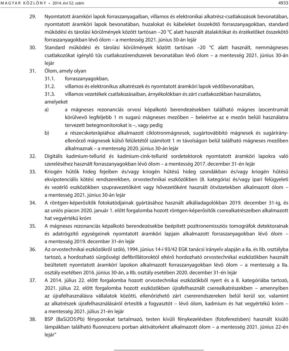 standard működési és tárolási körülmények között tartósan 20 C alatt használt átalakítókat és érzékelőket összekötő forraszanyagokban lévő a mentesség 2021. június 30-án lejár 30.