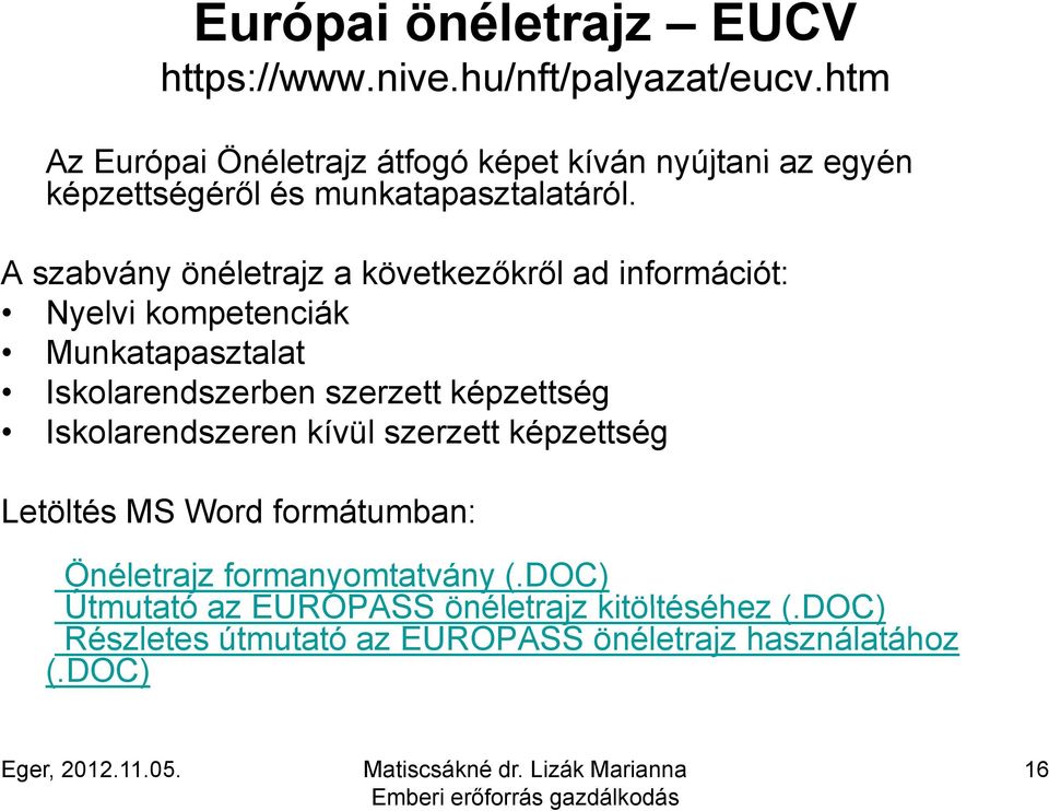 A szabvány önéletrajz a következőkről ad információt: Nyelvi kompetenciák Munkatapasztalat Iskolarendszerben szerzett képzettség é