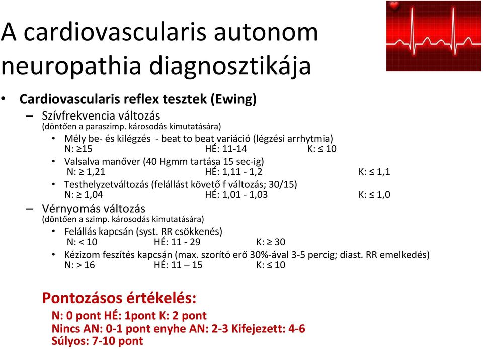 Testhelyzetváltozás (felállást követő f változás; 30/15) N: 1,04 HÉ: 1,01-1,03 K: 1,0 Vérnyomás változás (döntően a szimp. károsodás kimutatására) Felállás kapcsán (syst.