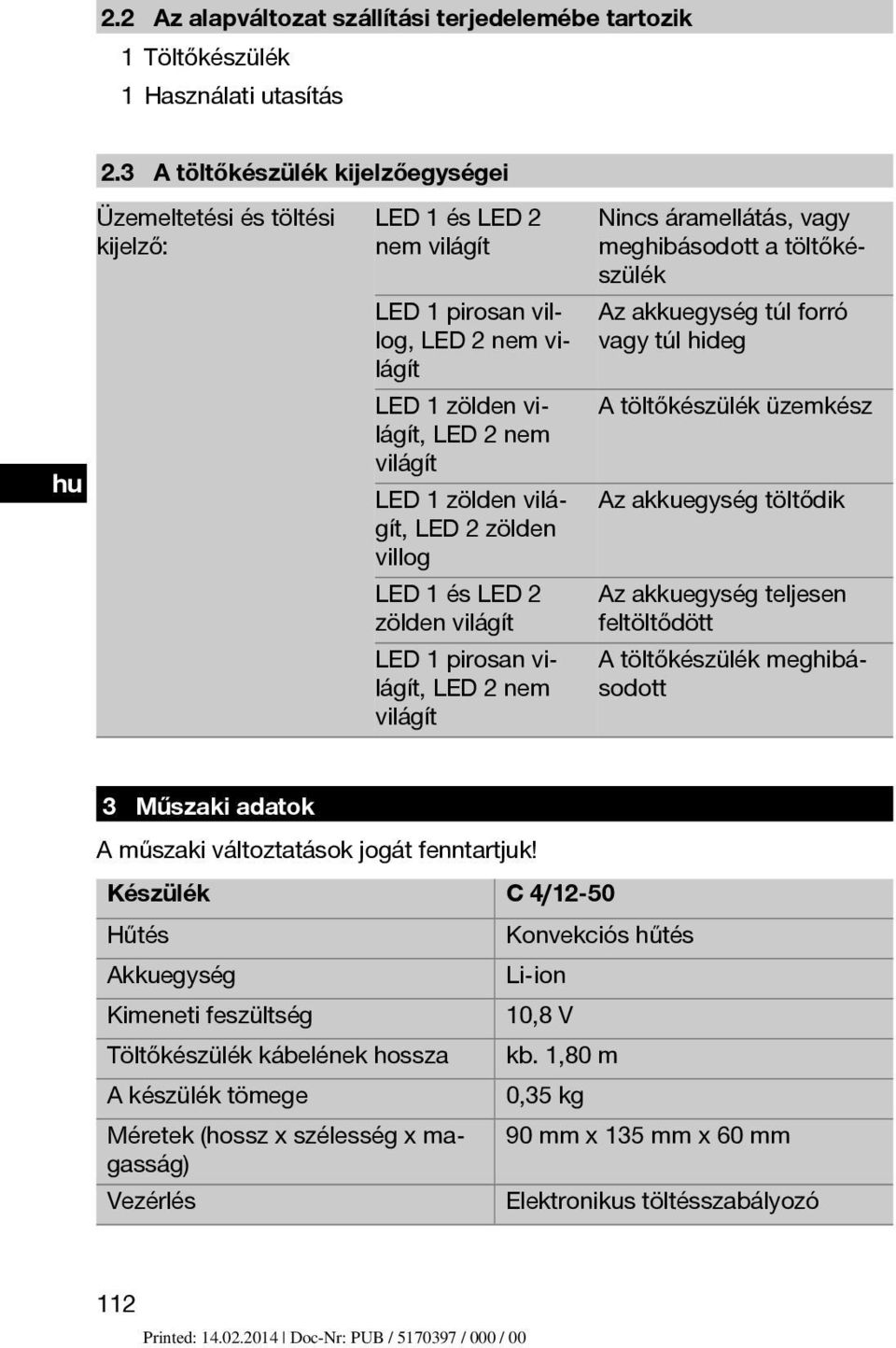 LED 2 zölden villog LED 1 és LED 2 zölden világít LED 1 pirosan világít, LED 2 nem világít Nincs áramellátás, vagy meghibásodott a töltőkészülék Az akkuegység túl forró vagy túl hideg A töltőkészülék