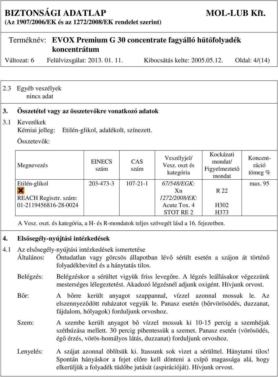 oszt és kategória Kockázati mondat/ Figyelmeztető mondat Koncentráció tömeg % Etilén-glikol 203-473-3 107-21-1 67/548/EGK: max. 95 Xn R 22 REACH Regisztr.