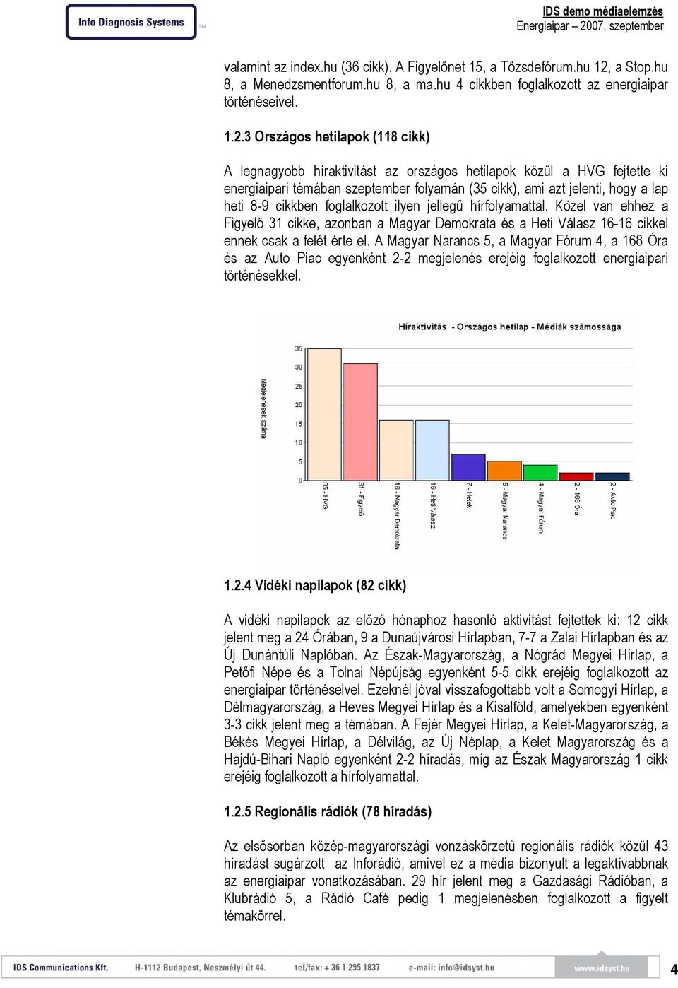 3 Országos hetilapok (118 cikk) A legnagyobb híraktivitást az országos hetilapok közül a HVG fejtette ki energiaipari témában szeptember folyamán (35 cikk), ami azt jelenti, hogy a lap heti 8-9