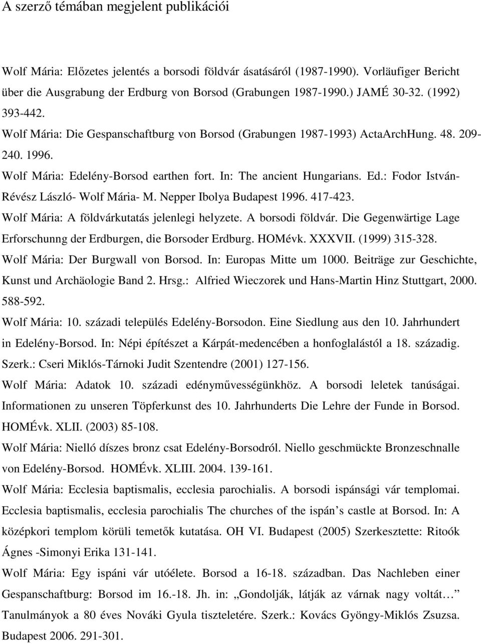Ed.: Fodor István- Révész László- Wolf Mária- M. Nepper Ibolya Budapest 1996. 417-423. Wolf Mária: A földvárkutatás jelenlegi helyzete. A borsodi földvár.