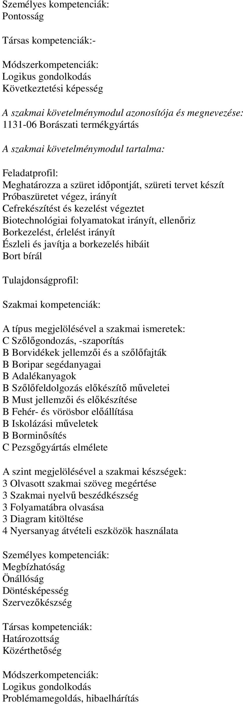 érlelést irányít Észleli és javítja a borkezelés hibáit Bort bírál Tulajdonságprofil: C Szőlőgondozás, -szaporítás B Borvidékek jellemzői és a szőlőfajták B Boripar segédanyagai B Adalékanyagok B