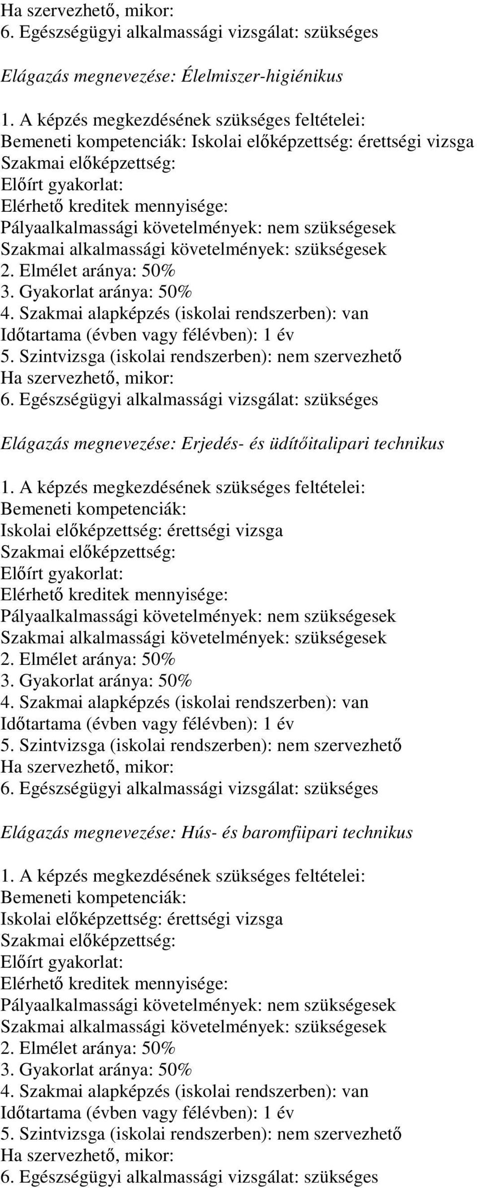 követelmények: nem szükségesek Szakmai alkalmassági követelmények: szükségesek 2. Elmélet aránya: 50% 3. Gyakorlat aránya: 50% 4.