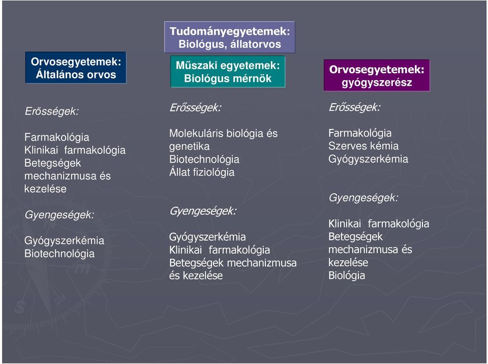 és genetika Biotechnológia Állat fiziológia Gyengeségek: Gyógyszerkémia Klinikai farmakológia Betegségek mechanizmusa és kezelése