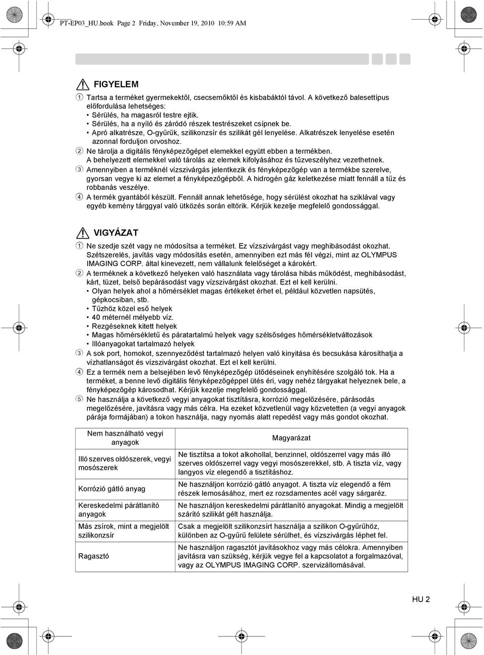 Apró alkatrésze, O-gyűrűk, szilikonzsír és szilikát gél lenyelése. Alkatrészek lenyelése esetén azonnal forduljon orvoshoz. 2 Ne tárolja a digitális fényképezőgépet elemekkel együtt ebben a termékben.