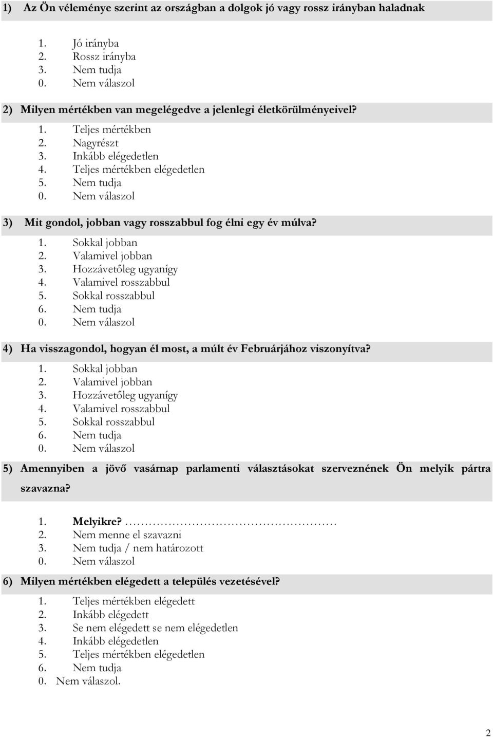 Hozzávetőleg ugyanígy 4. Valamivel rosszabbul 5. Sokkal rosszabbul 6. Nem tudja 4) Ha visszagondol, hogyan él most, a múlt év Februárjához viszonyítva? 1. Sokkal jobban 2. Valamivel jobban 3.