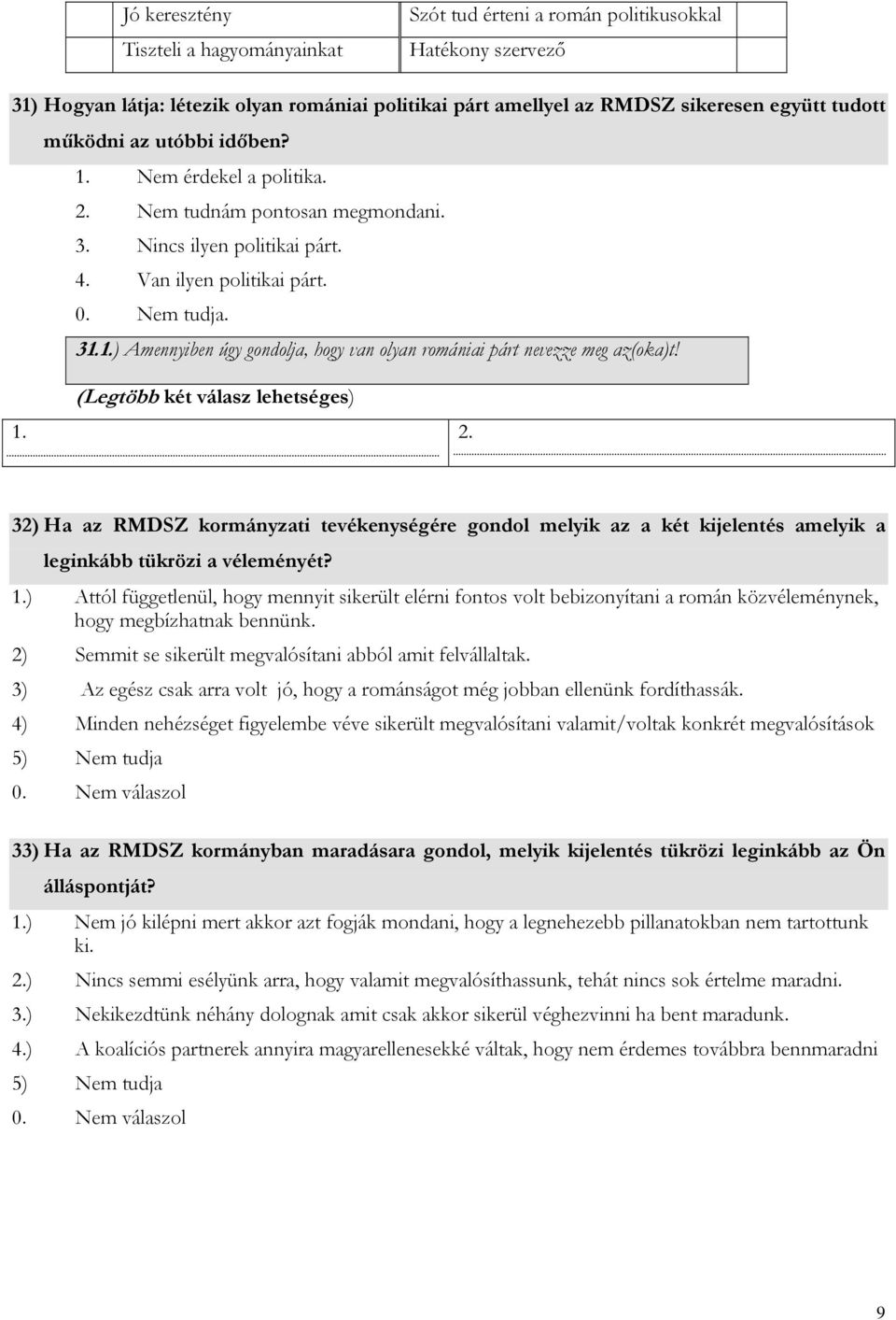 (Legtöbb két válasz lehetséges) 1. 2. 32) Ha az RMDSZ kormányzati tevékenységére gondol melyik az a két kijelentés amelyik a leginkább tükrözi a véleményét? 1.) Attól függetlenül, hogy mennyit sikerült elérni fontos volt bebizonyítani a román közvéleménynek, hogy megbízhatnak bennünk.