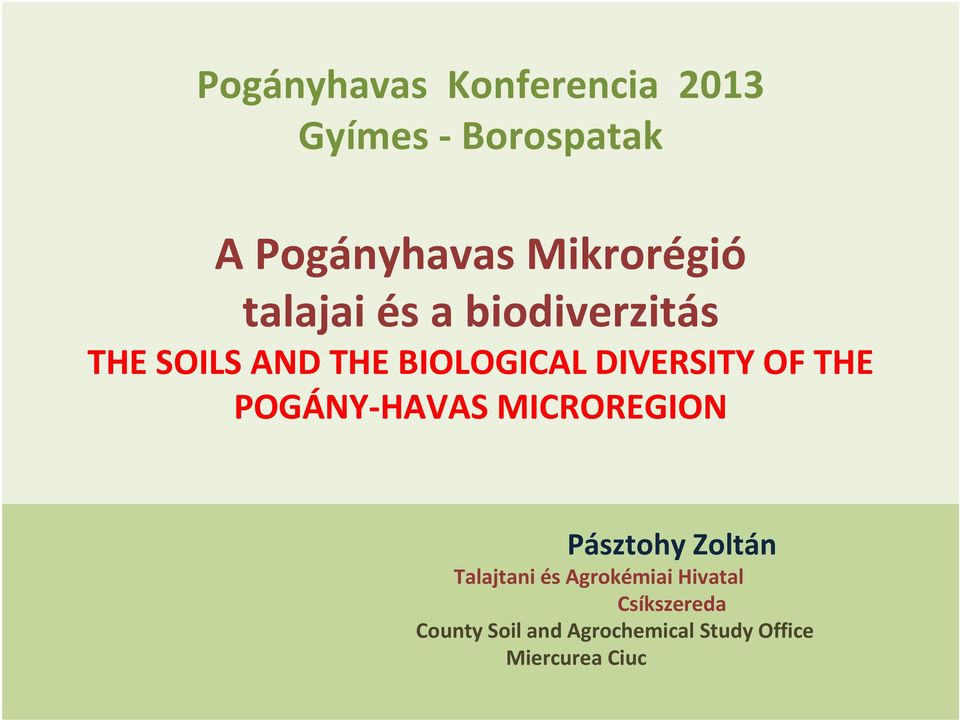 THE POGÁNY HAVAS MICROREGION Pásztohy Zoltán Talajtani és Agrokémiai