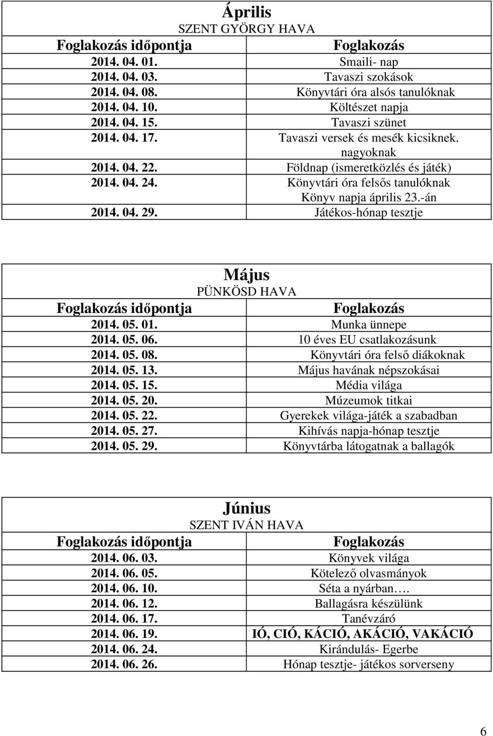 04. 29. Játékos-hónap tesztje Foglakozás időpontja Május PÜNKÖSD HAVA Foglakozás 2014. 05. 01. Munka ünnepe 2014. 05. 06. 10 éves EU csatlakozásunk 2014. 05. 08. Könyvtári óra felső diákoknak 2014.