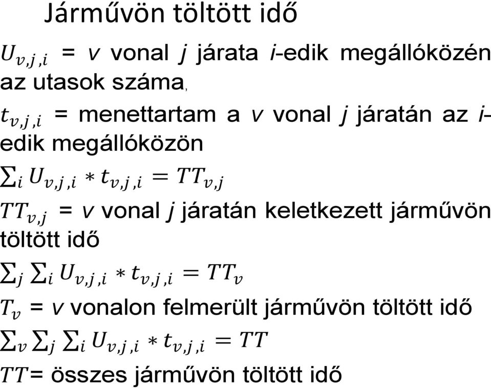 járatán keletkezett járművön töltött idő j i U v,j,i t v,j,i = TT v T v = v vonalon