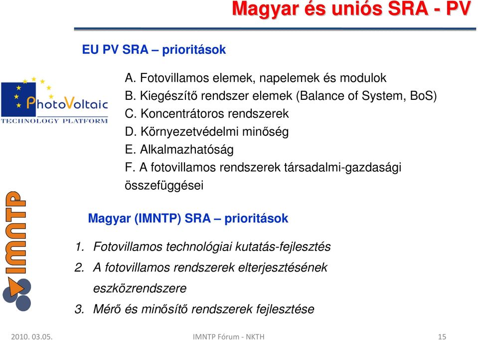 Alkalmazhatóság F. A fotovillamos rendszerek társadalmi-gazdasági összefüggései Magyar (IMNTP) SRA prioritások 1.