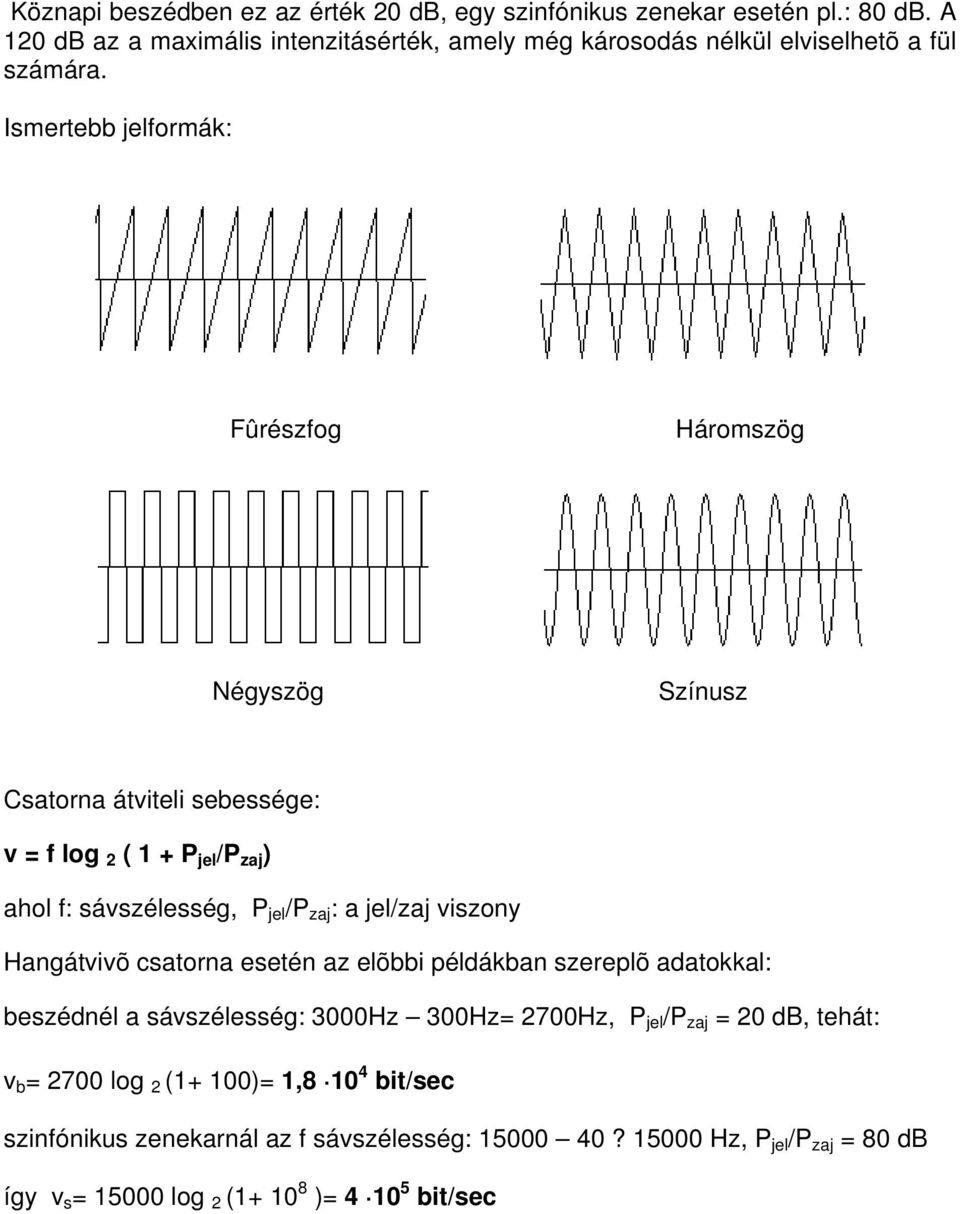 Ismertebb jelformák: Fûrészfog Háromszög Négyszög Színusz Csatorna átviteli sebessége: v = f log 2 ( 1 + P jel /P zaj ) ahol f: sávszélesség, P jel /P zaj : a jel/zaj