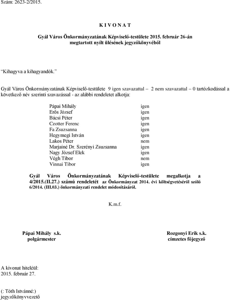 Dr. Szerényi Zsuzsanna Nagy József Elek Végh Tibor Vinnai Tibor nem nem Gyál Város Önkormányzatának Képviselő-testülete megalkotja a