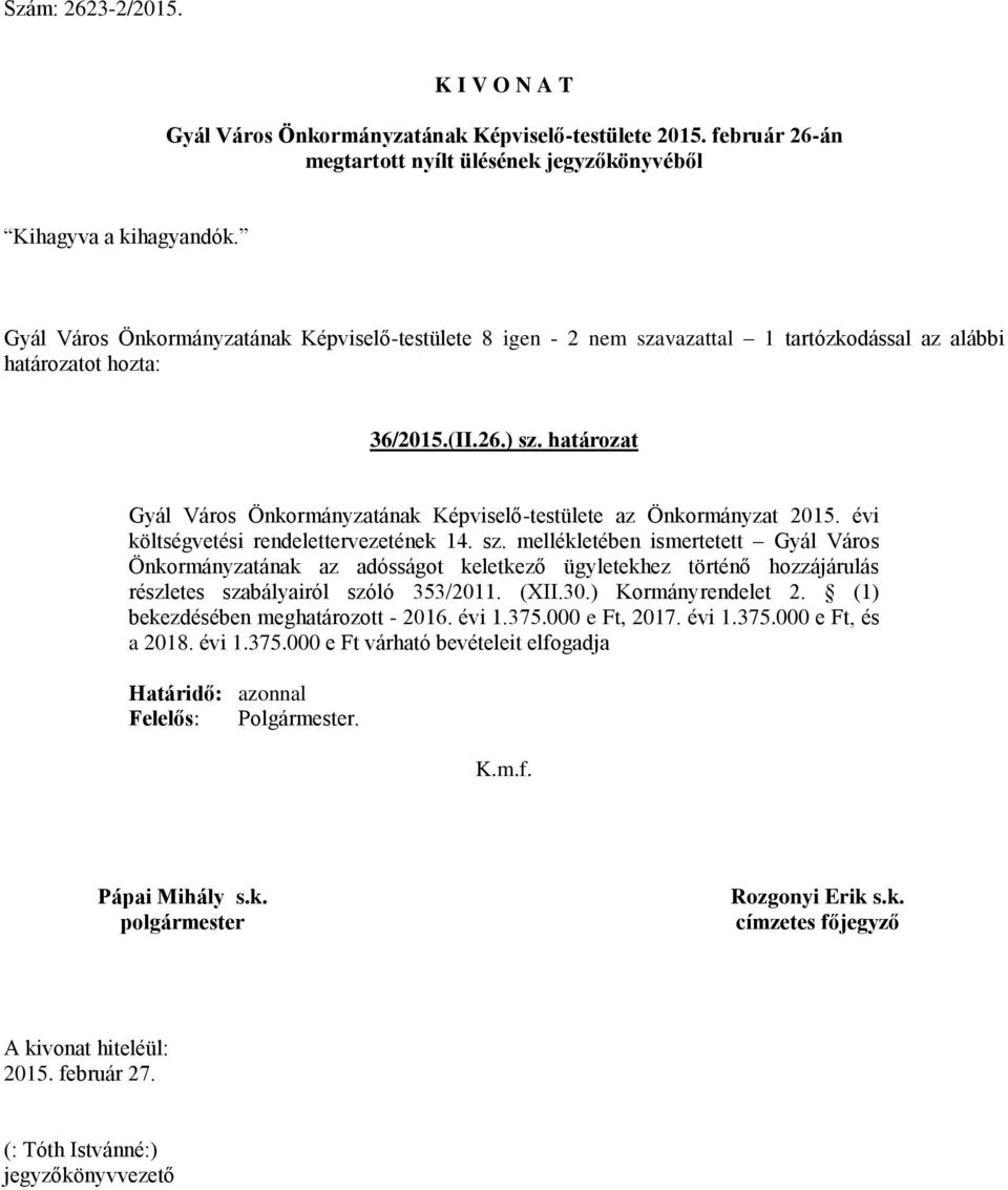 mellékletében ismertetett Gyál Város Önkormányzatának az adósságot keletkező ügyletekhez történő hozzájárulás részletes szabályairól szóló 353/2011.