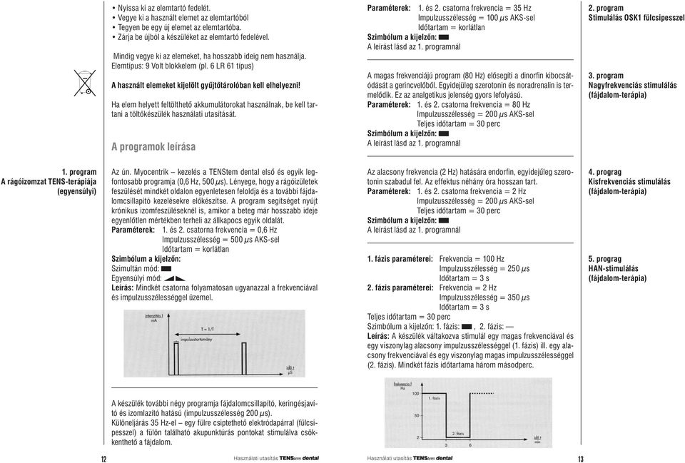 Ha elem helyett feltölthetô akkumulátorokat használnak, be kell tartani a töltôkészülék használati utasítását. programok leírása Paraméterek: 1. és 2.