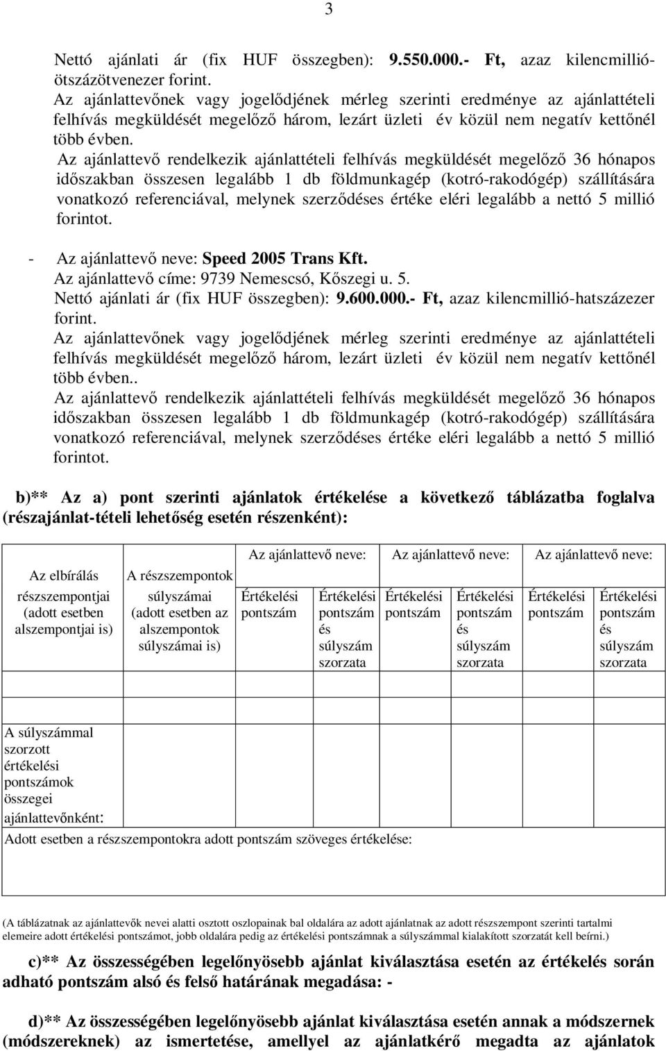 Az ajánlattev címe: 9739 Nemescsó, K szegi u. 5. Nettó ajánlati ár (fix HUF összegben): 9.600.000.- Ft, azaz kilencmillió-hatszázezer.