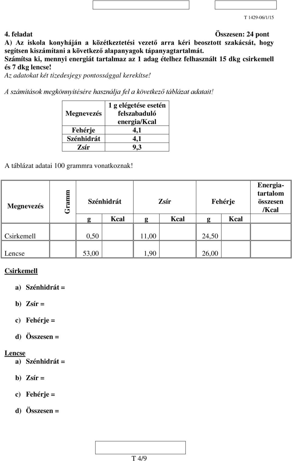 A számítások megkönnyítésére használja fel a következő táblázat adatait!