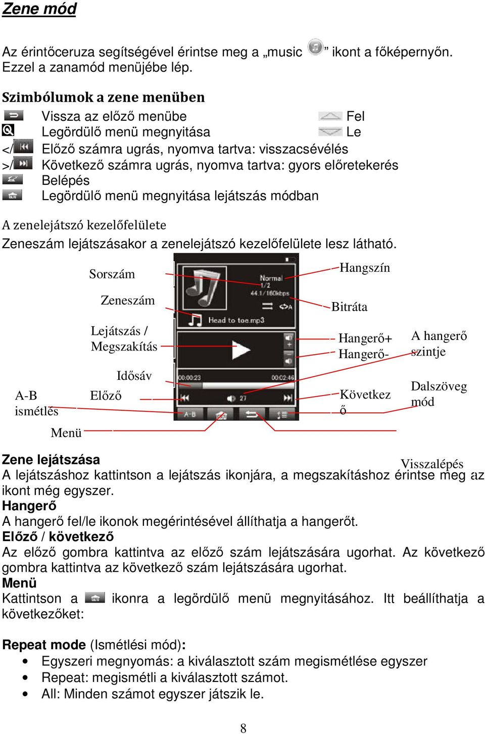 Belépés Legördülő menü megnyitása lejátszás módban A zenelejátszó kezelőfelülete Zeneszám lejátszásakor a zenelejátszó kezelőfelülete lesz látható.