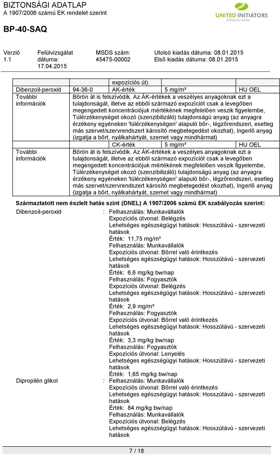 okozó (szenzibilizáló) tulajdonságú anyag (az anyagra érzékeny egyéneken 'túlérzékenységen' alapuló bőr-, légzőrendszeri, esetleg más szervet/szervrendszert károsító megbetegedést okozhat), Ingerlő