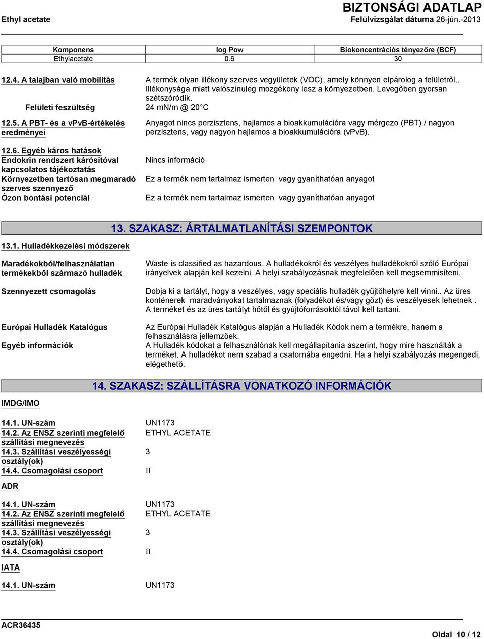 Egyéb káros hatások Endokrin rendszert kárósítóval kapcsolatos tájékoztatás Környezetben tartósan megmaradó szerves szennyező Ózon bontási potenciál Anyagot nincs perzisztens, hajlamos a