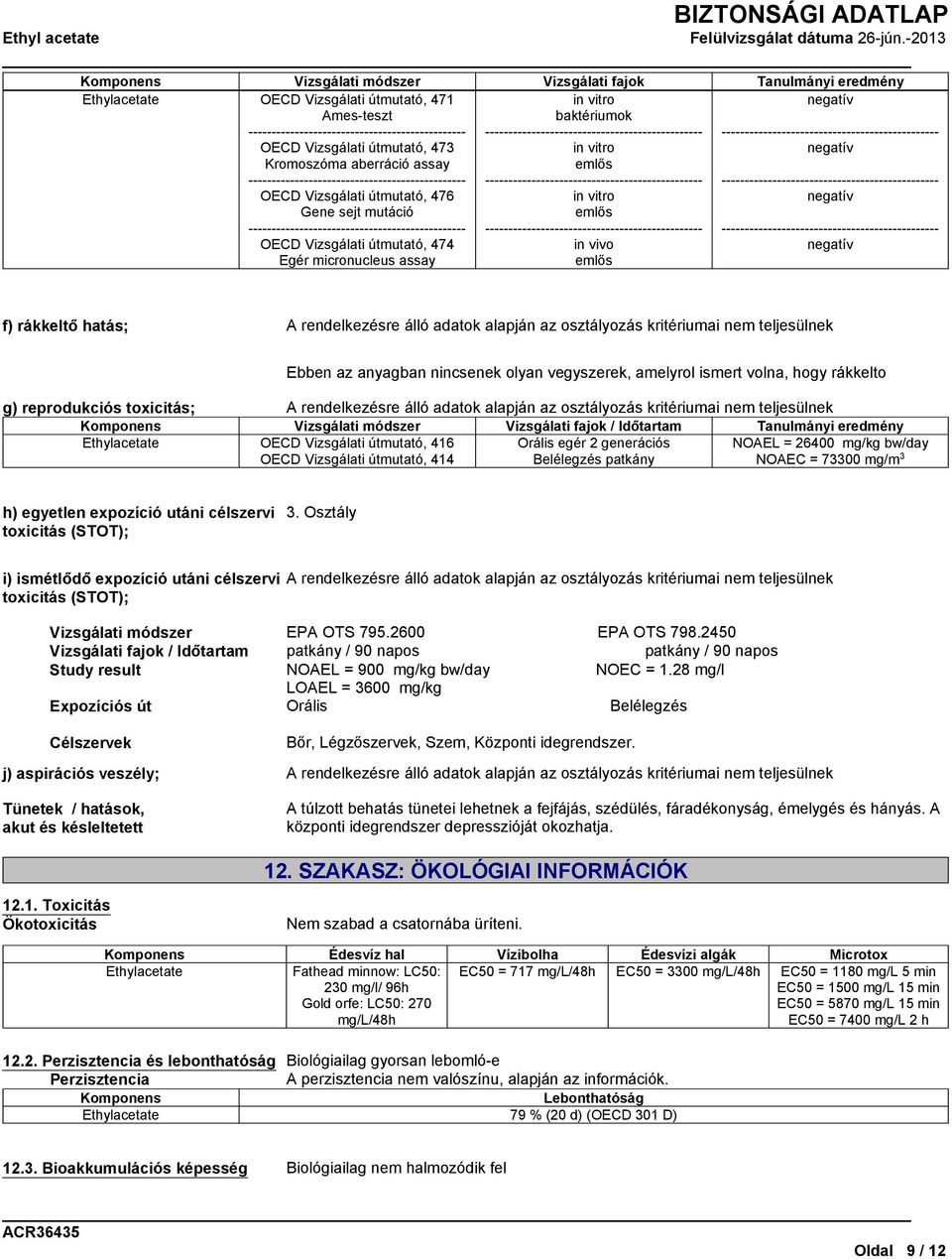 hatás; Ebben az anyagban nincsenek olyan vegyszerek, amelyrol ismert volna, hogy rákkelto g) reprodukciós toxicitás; Komponens Vizsgálati módszer Vizsgálati fajok / Időtartam Tanulmányi eredmény