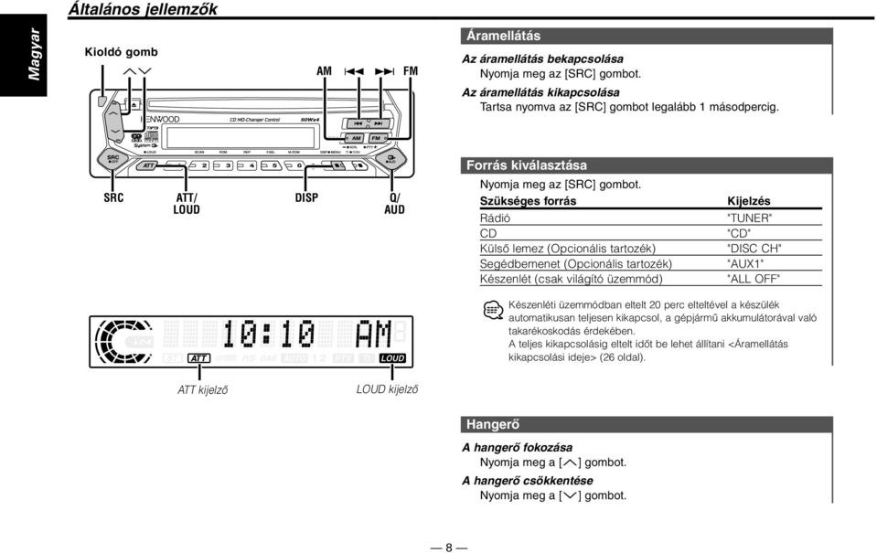 Szükséges forrás Rádió CD Külső lemez (Opcionális tartozék) Segédbemenet (Opcionális tartozék) Készenlét (csak világító üzemmód) Kijelzés "TUNER" "CD" "DISC CH" "AUX1" "ALL OFF" Készenléti üzemmódban