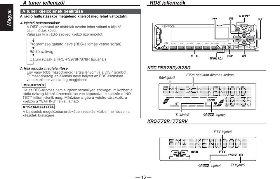 38/ PTY 4 FM OFF SRC PROG / PTY DISC DAB EJECT FM Programszolgáltató neve (RDS-állomás vétele során) Rádió szöveg Dátum (Csak a KRC-PS978R/878R típusnál) ATT LOUD B CNR SCAN B.S / RDM #1 ~ 6 REP D.
