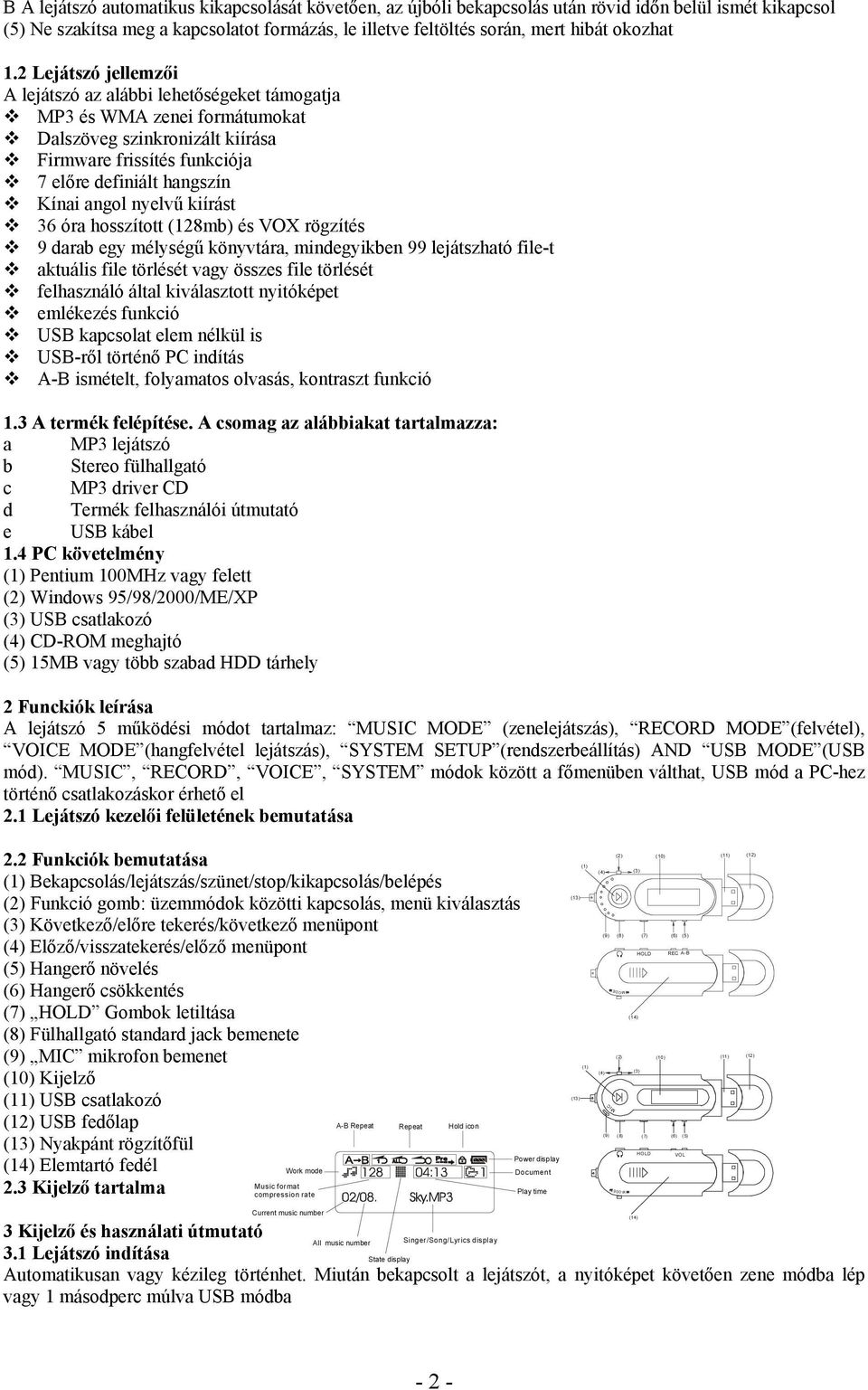 nyelvű kiírást 36 óra hosszított (128mb) és VOX rögzítés 9 darab egy mélységű könyvtára, mindegyikben 99 lejátszható file-t aktuális file törlését vagy összes file törlését felhasználó által