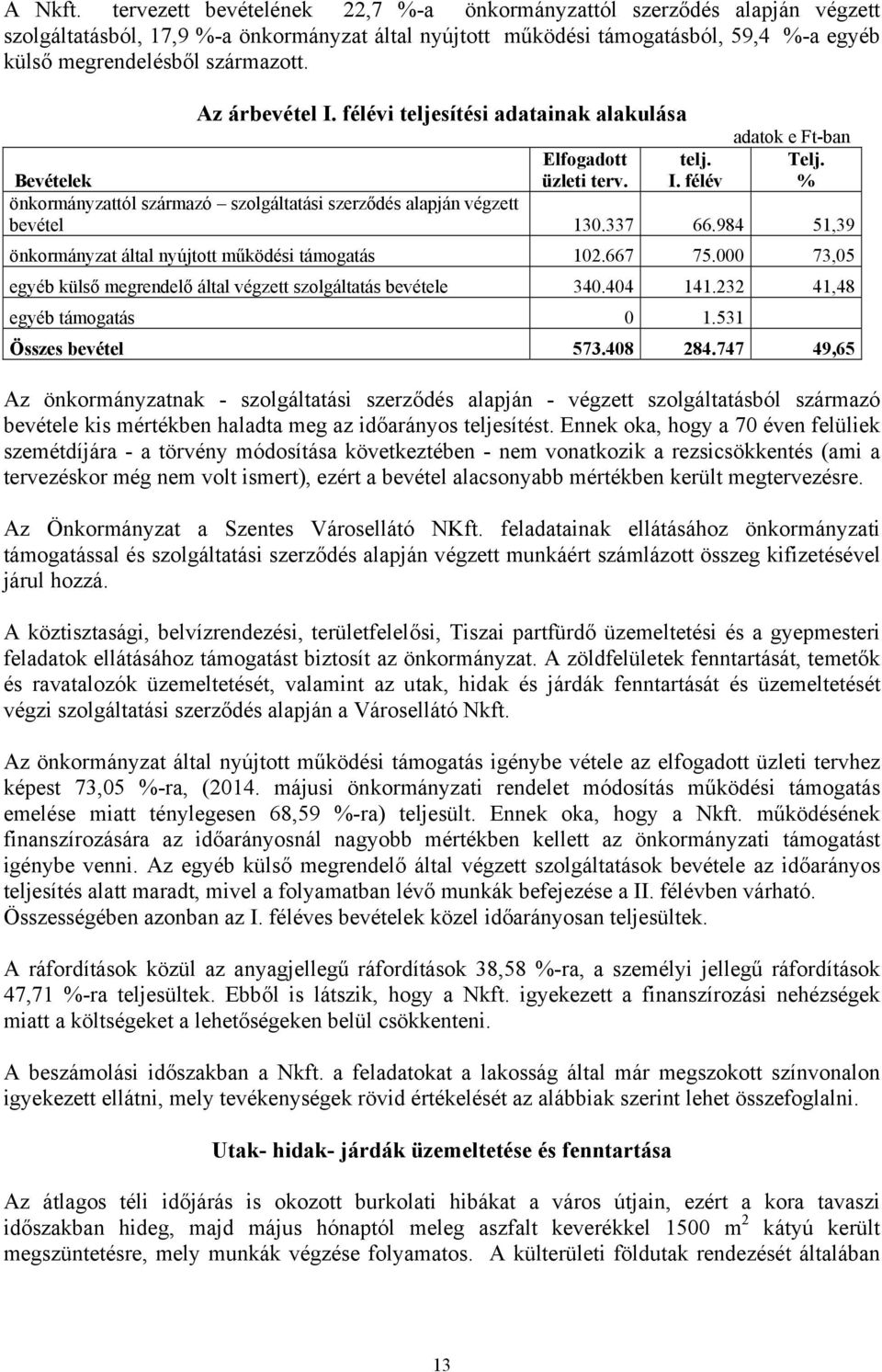 Az árbevétel I. félévi teljesítési adatainak alakulása Elfogadott üzleti terv. telj. I. félév adatok e Ft-ban Telj.