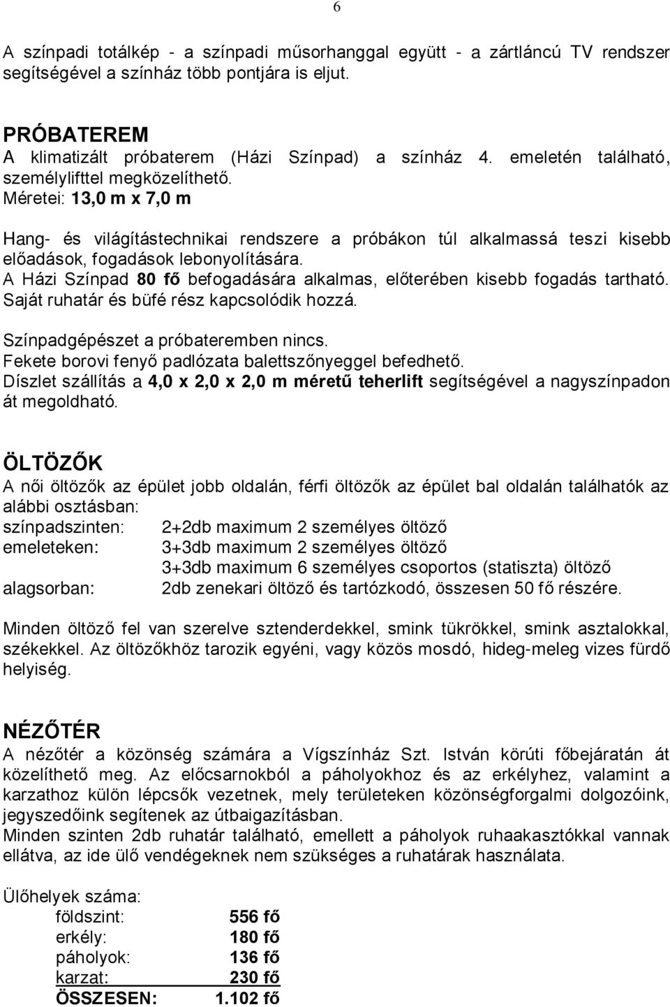 A Házi Színpad 80 fő befogadására alkalmas, előterében kisebb fogadás tartható. Saját ruhatár és büfé rész kapcsolódik hozzá. Színpadgépészet a próbateremben nincs.