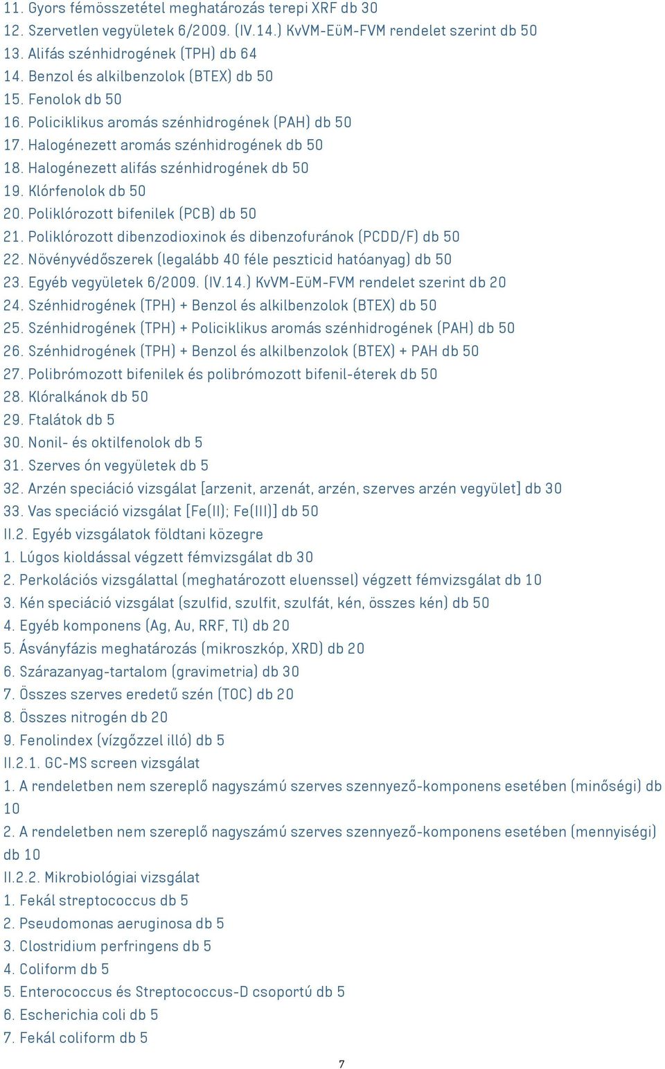 Klórfenolok db 50 20. Poliklórozott bifenilek (PCB) db 50 21. Poliklórozott dibenzodioxinok és dibenzofuránok (PCDD/F) db 50 22. Növényvédőszerek (legalább 40 féle peszticid hatóanyag) db 50 23.