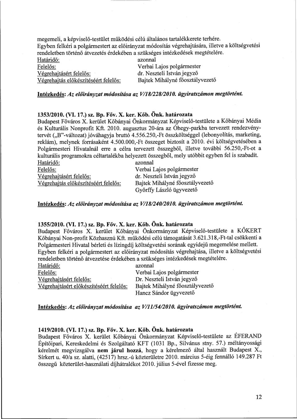 Bajtek Mihályné főosztályvezető Az előirányzat módosítása az V/18/228/2010, ügyiratszámon megtörtént 1353/2010. (VI. 17.) sz. Bp. Főv. X. ker. Kőb. Önk. határozata Budapest Főváros X.