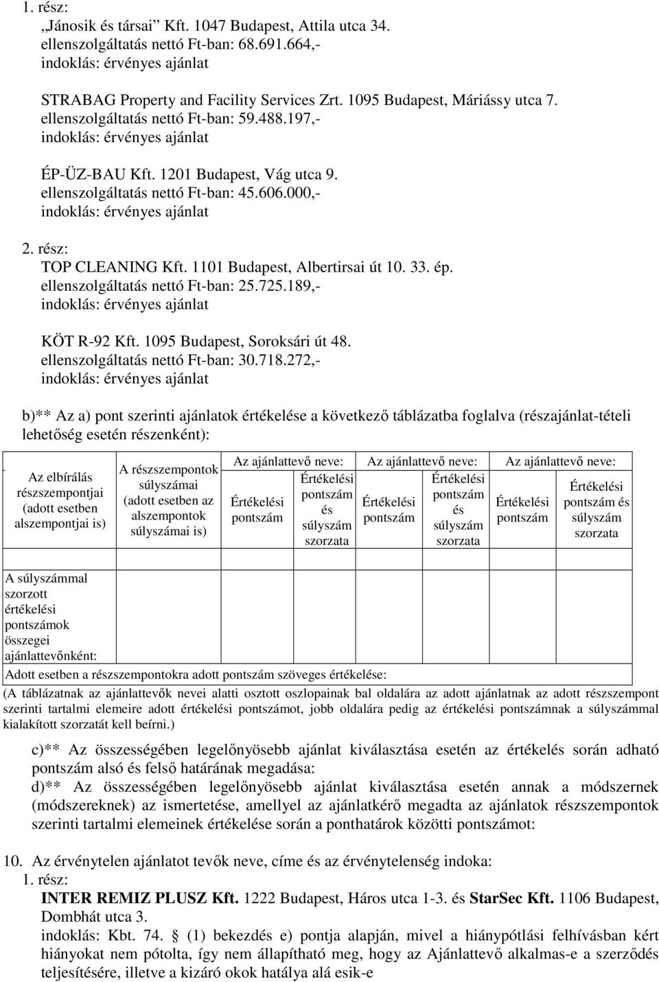 ellenszolgáltatás nettó Ft-ban: 25.725.189,- KÖT R-92 Kft. 1095 Budapest, Soroksári út 48. ellenszolgáltatás nettó Ft-ban: 30.718.