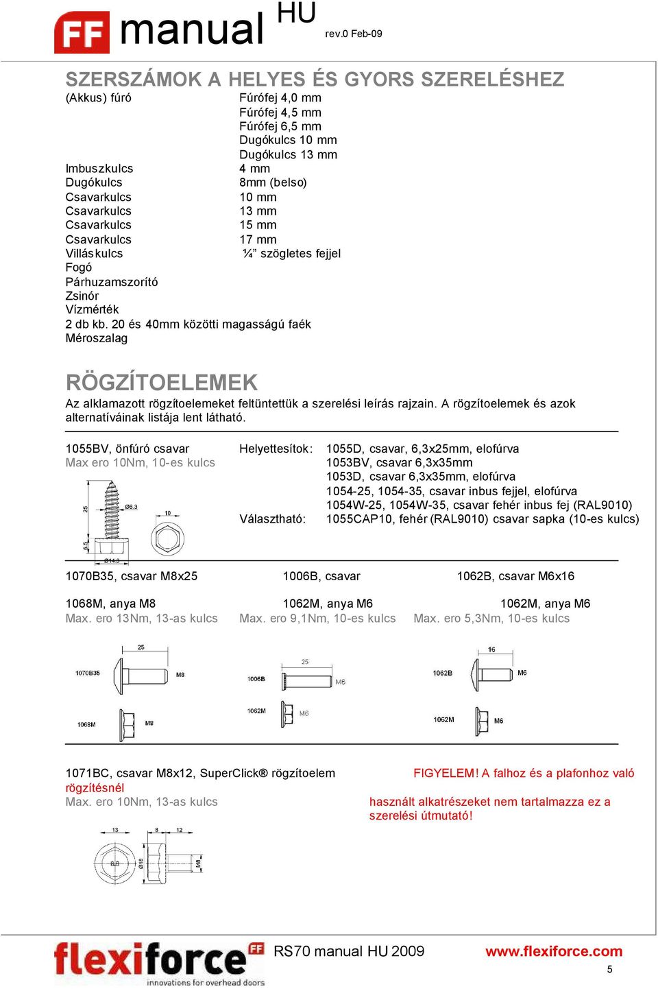 20 és 40mm közötti magasságú faék Méroszalag RÖGZÍTOELEMEK Az alklamazott rögzítoelemeket feltüntettük a szerelési leírás rajzain. A rögzítoelemek és azok alternatíváinak listája lent látható.