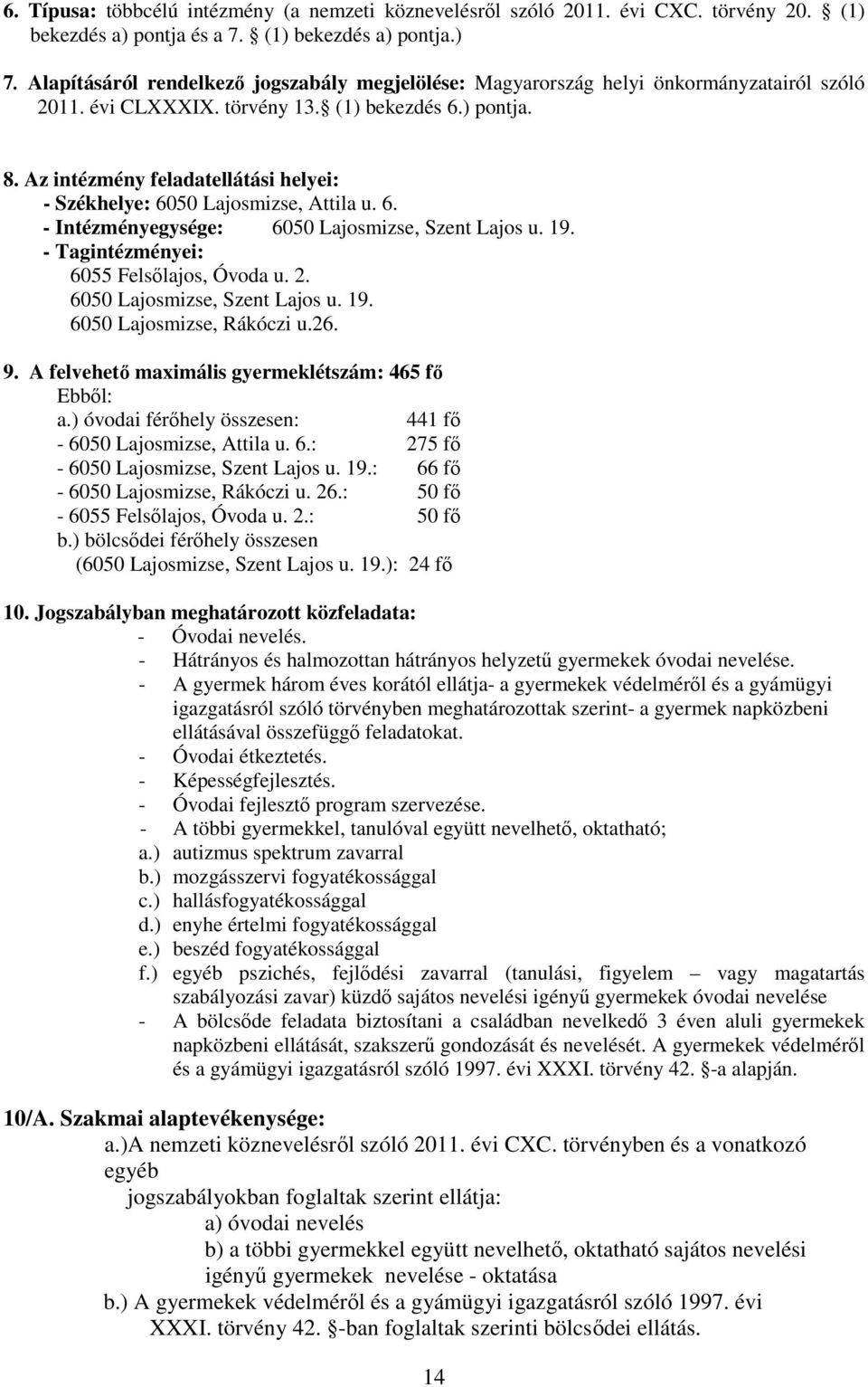 Az intézmény feladatellátási helyei: - Székhelye: 6050 Lajosmizse, Attila u. 6. - Intézményegysége: 6050 Lajosmizse, Szent Lajos u. 19. - Tagintézményei: 6055 Felsılajos, Óvoda u. 2.