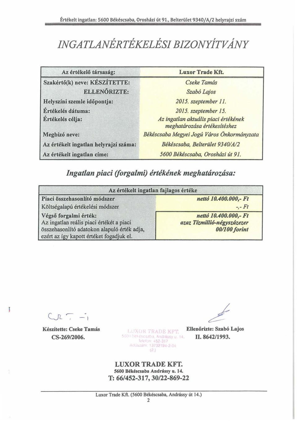 szeptember 11. 2015. szeptember 15. Az ingatlan aktuális piaci értékének meghatározása értékesítéshez Békéscsaba Megyei Jogú Város Önkormányzata Az értékelt ingatlan helyrajzi száma:.