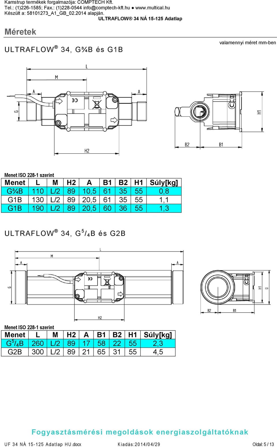 5 / 4 B és G2B Menet ISO 228-1 szerint Menet L M H2 A B1 B2 H1 Súly[kg] G 5 / 4 B 260 L/2 89 17 58 22 55 2,3 G2B