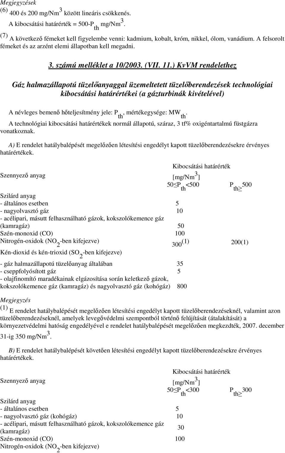 ) KvVM rendelethez Gáz halmazállapotú tüzelıanyaggal üzemeltetett tüzelıberendezések technológiai kibocsátási határértékei (a gázturbinák kivételével) A névleges bemenı hıteljesítmény jele: P th,