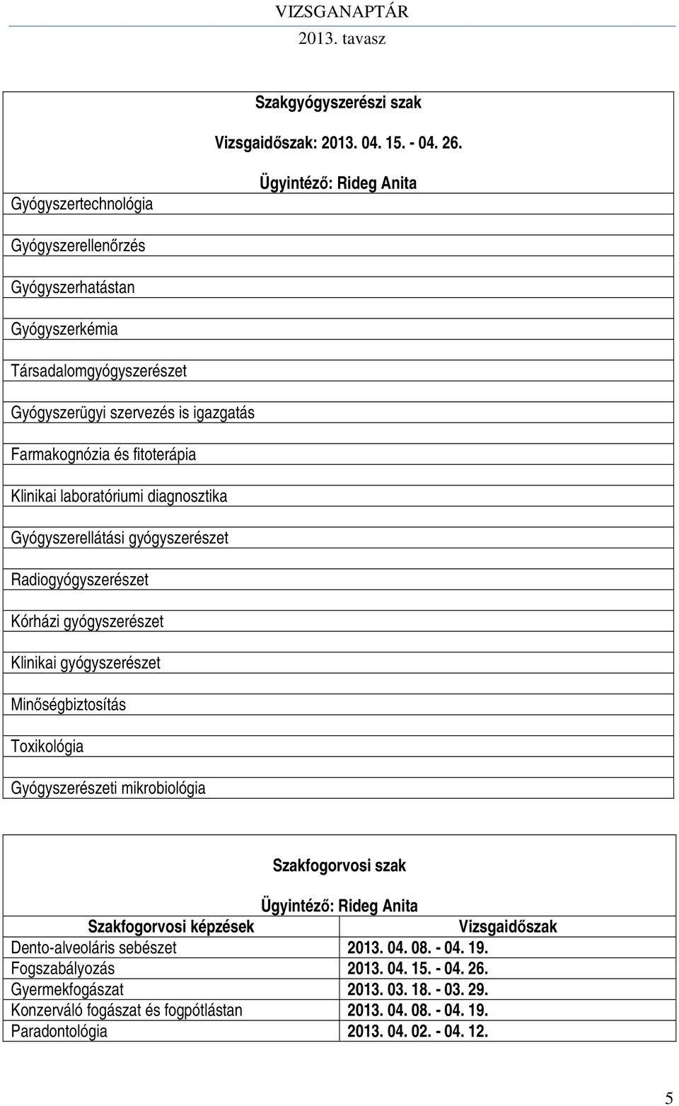 Klinikai laboratóriumi diagnosztika Gyógyszerellátási gyógyszerészet Radiogyógyszerészet Kórházi gyógyszerészet Klinikai gyógyszerészet Minőségbiztosítás Toxikológia Gyógyszerészeti