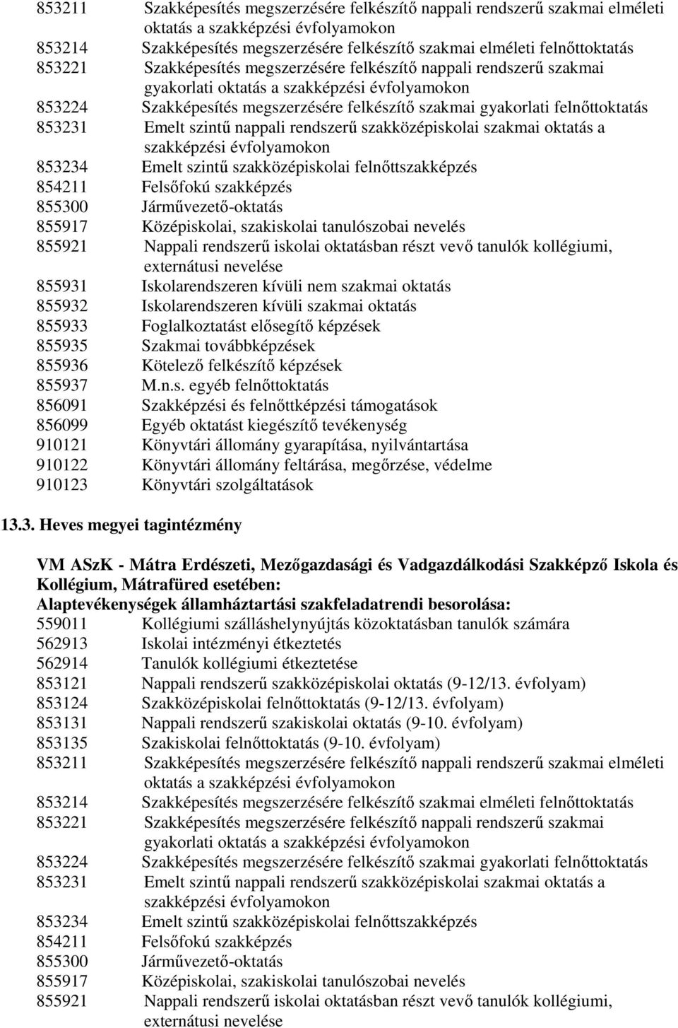 853231 Emelt szintű nappali rendszerű szakközépiskolai szakmai oktatás a szakképzési évfolyamokon 853234 Emelt szintű szakközépiskolai felnőttszakképzés 854211 Felsőfokú szakképzés 855300