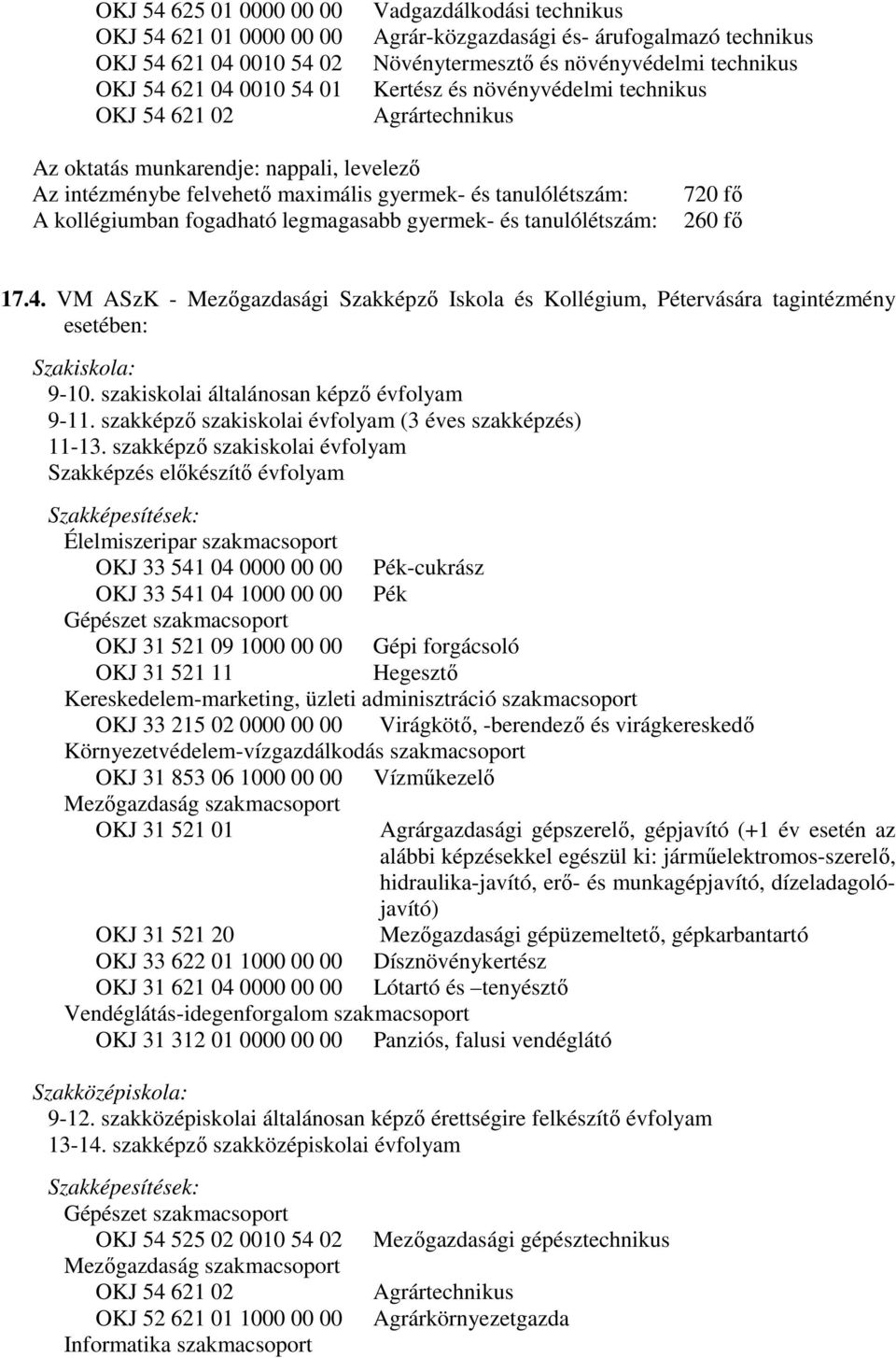 kollégiumban fogadható legmagasabb gyermek- és tanulólétszám: 720 fő 260 fő 17.4. VM ASzK - Mezőgazdasági Szakképző Iskola és Kollégium, Pétervására tagintézmény esetében: Szakiskola: 9-10.