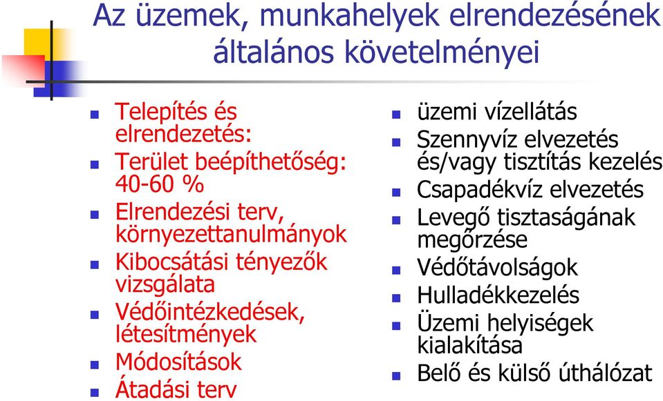 Módosítások Átadási terv üzemi vízellátás Szennyvíz elvezetés és/vagy tisztítás kezelés Csapadékvíz elvezetés