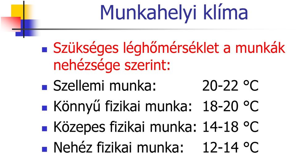 20-22 C Könnyő fizikai munka: 18-20 C Közepes