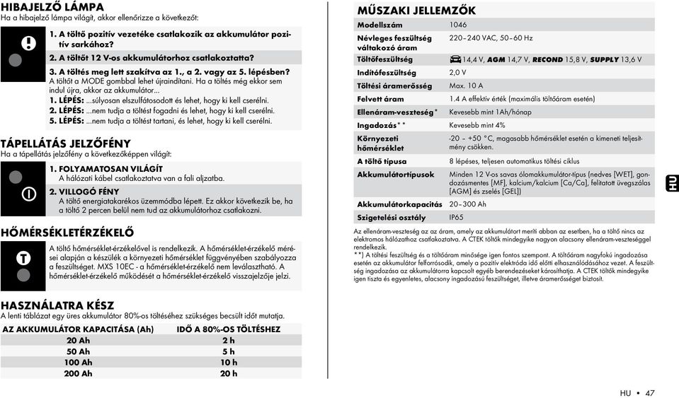 Ha a töltés még ekkor sem indul újra, akkor az akkumulátor... 1. lépés:...súlyosan elszulfátosodott és lehet, hogy ki kell cserélni. 2. lépés:...nem tudja a töltést fogadni és lehet, hogy ki kell cserélni.