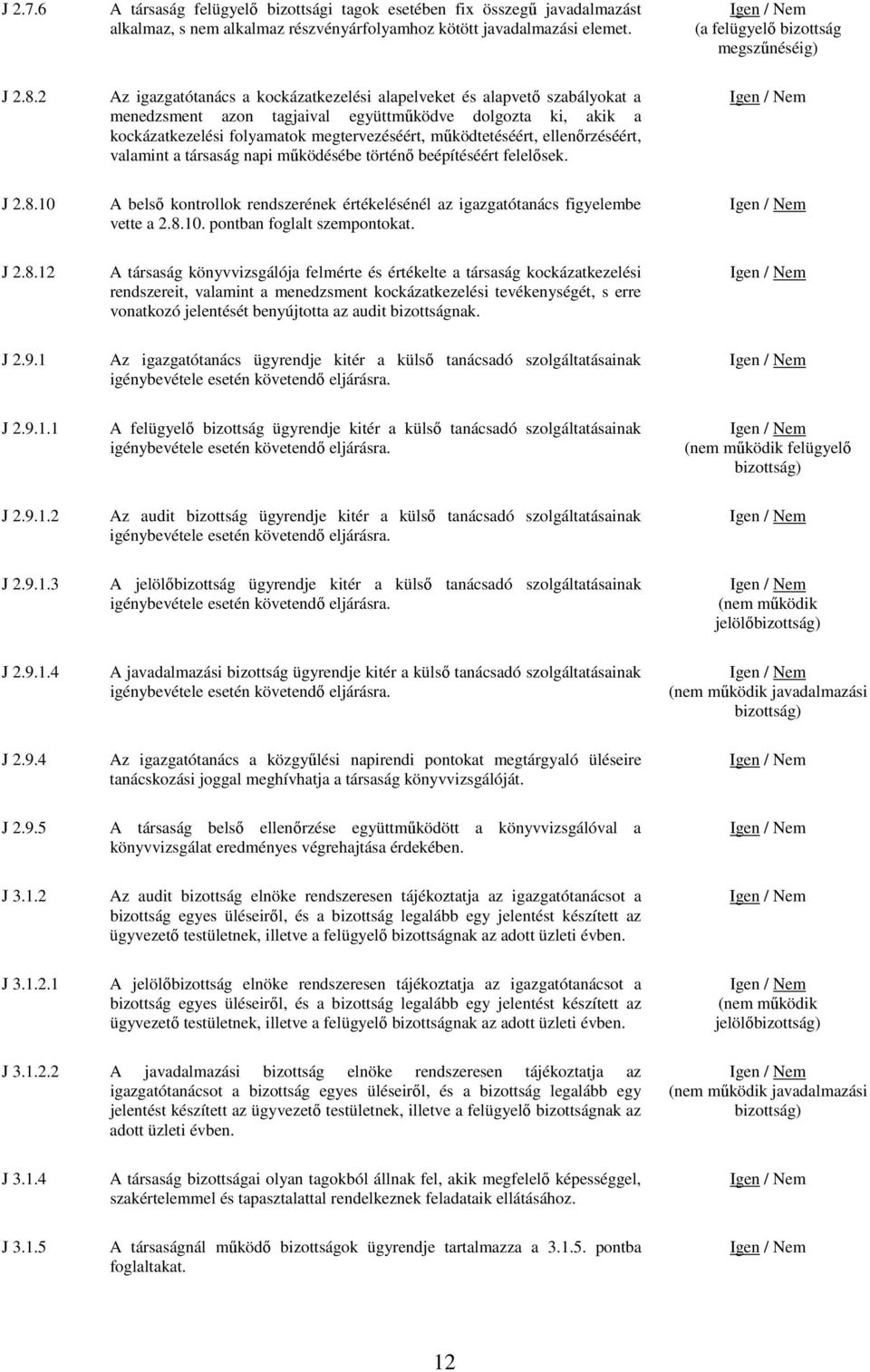 ellenőrzéséért, valamint a társaság napi működésébe történő beépítéséért felelősek. / J 2.8.10 A belső kontrollok rendszerének értékelésénél az igazgatótanács figyelembe vette a 2.8.10. pontban foglalt szempontokat.
